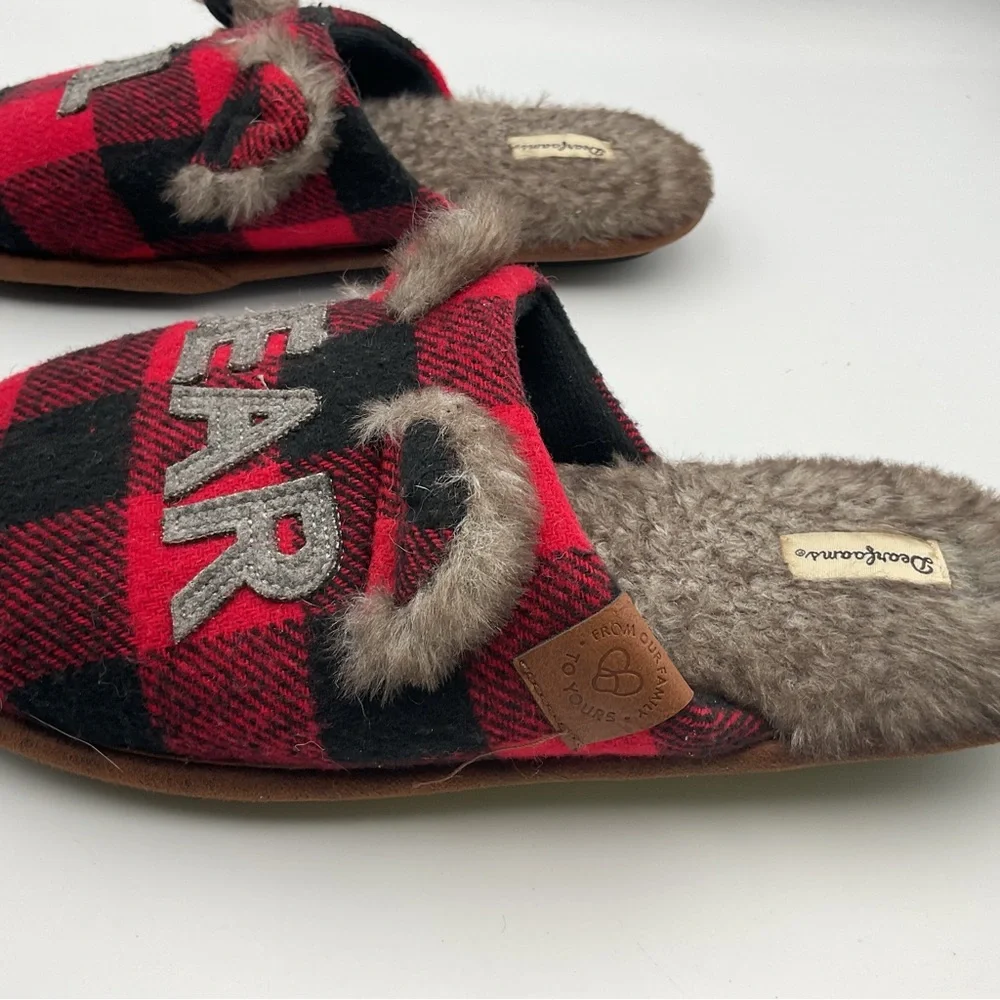 Dear Foams Slippers Youth 4-5 Womens 5.5 Buffalo Check Lil Bear Mule Flats Red